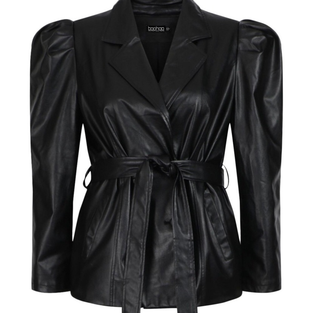 Plus Faux Leather Puff Shoulder Belted Jacket